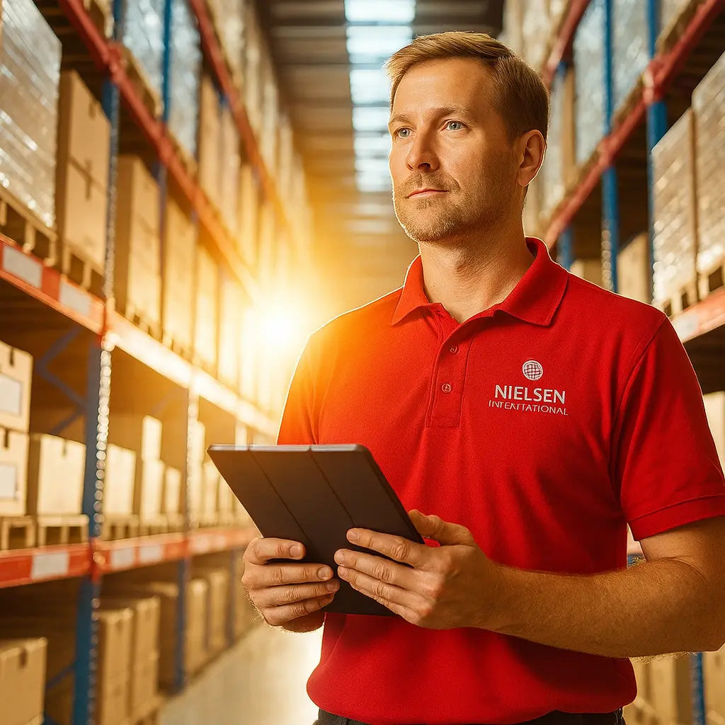 Ein Mitarbeiter in einem großen Lager steht zwischen hohen Regalen aus Kartons, trägt ein rotes „Nielsen International“-Polo und hält ein Tablet in den Händen. Warmes Sonnenlicht fällt von hinten in den Gang und erzeugt einen leichten Lensflare, während der Mitarbeiter konzentriert nach vorn blickt.