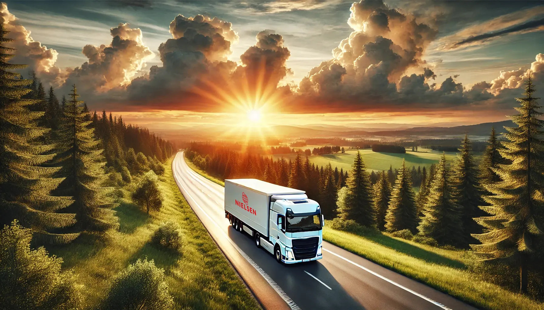 Ein weißer Lkw mit Nielsen-Logo fährt bei Sonnenuntergang auf einer Landstraße durch eine hügelige, grüne Landschaft mit dichten Nadelwäldern; am Himmel dramatische Wolkenformationen und starke Sonnenstrahlen.